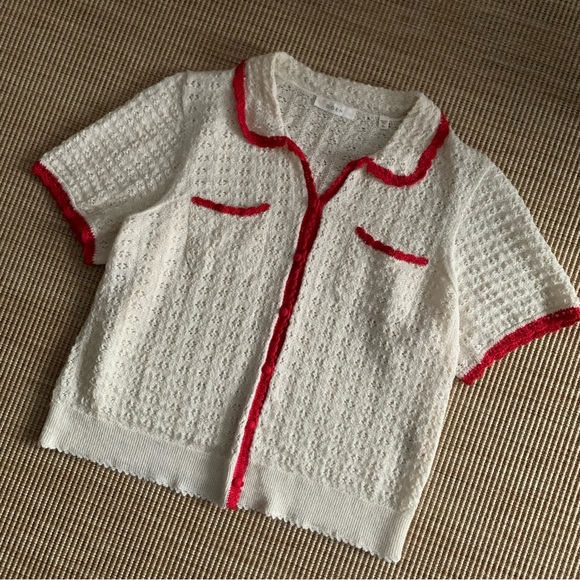 Doen Gloriana Alpaca Silk Collar Crochet Knit Button Sweater Top Moonstone Red - Picture 9 of 14